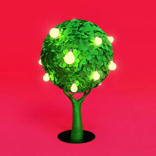 A small round tree modelled from hundreds of overlapping green paper leaves, growing out of a black elliptical hole in a flat crimson ground. A dozen warm white lightbulbs hang among the leaves, lit, casting a green glow through the foliage around them.