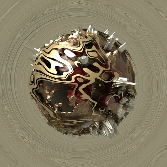 The gold frame at full size. A sphere of molten gold and dark red marble, its surface flowing in thick ribbons, with pale crystal shards erupting from the lower right.