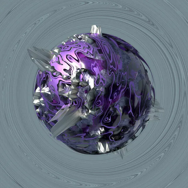 The violet frame at full size. A sphere of purple and dark grey with heavy jagged plates lifting off the surface and long grey crystals projecting from both sides.