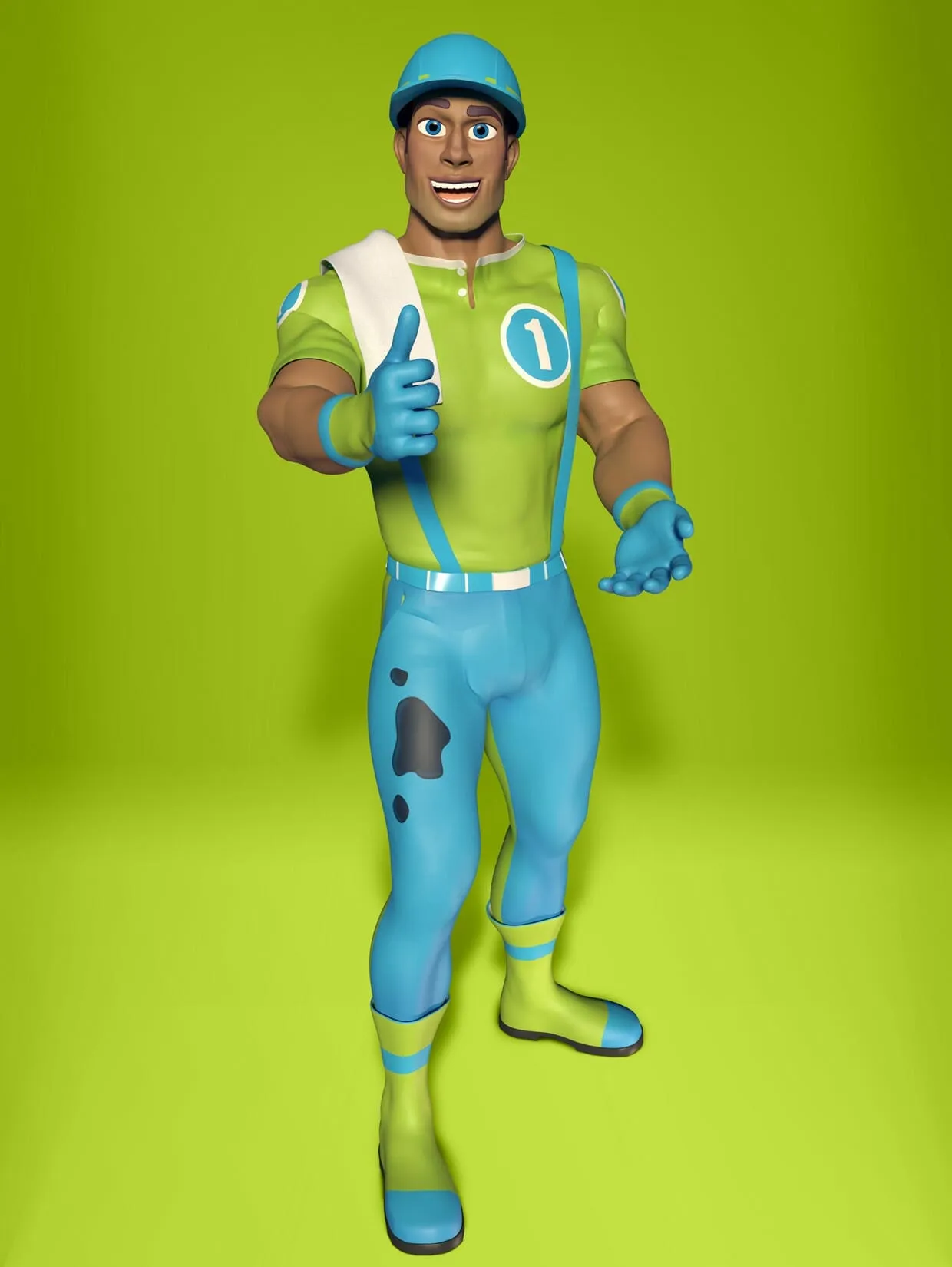 A 3D character standing full length on a flat lime-green ground. A smiling man in a blue hard hat, a lime shirt with a number 1 in a circle on the chest, blue overall trousers with one strap over the shoulder and a white towel across it, blue gloves and lime rubber boots, giving a thumbs up. A dark grease stain sits on his left thigh.
