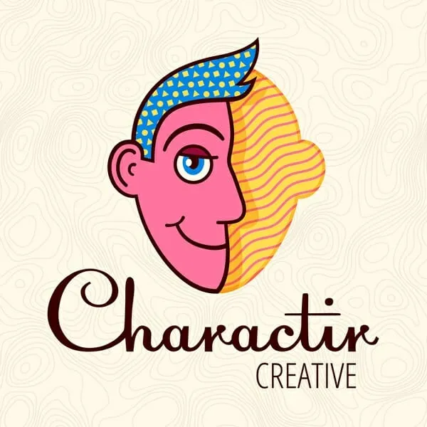 The Charactir Creative mark: a pink face facing the other way, a blue cap patterned with yellow dots, squares and triangles, and orange wavy lines filling the hair, over the same script wordmark and the word CREATIVE.