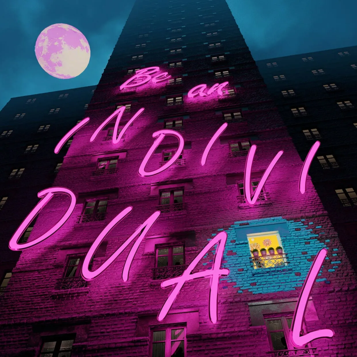 A brick apartment block photographed from street level at night, receding steeply to a vanishing point at the top. The words "Be an INDIVIDUAL" run up the facade in enormous pink neon handwriting, washing the brick magenta. A pink full moon sits in the teal sky at the top left. One window low on the right is lit cyan and yellow, with flowers in a window box, the only part of the building not tinted by the neon.