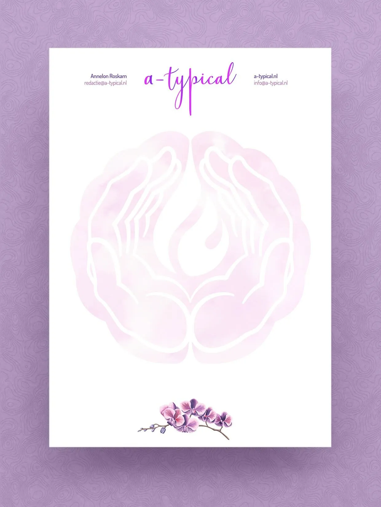 The a-typical letterhead. The magenta script wordmark sits centred at the head between two contact blocks; the hands-and-flame mark is printed very pale and very large across the middle of the sheet, and a photographed orchid stem lies across the foot.