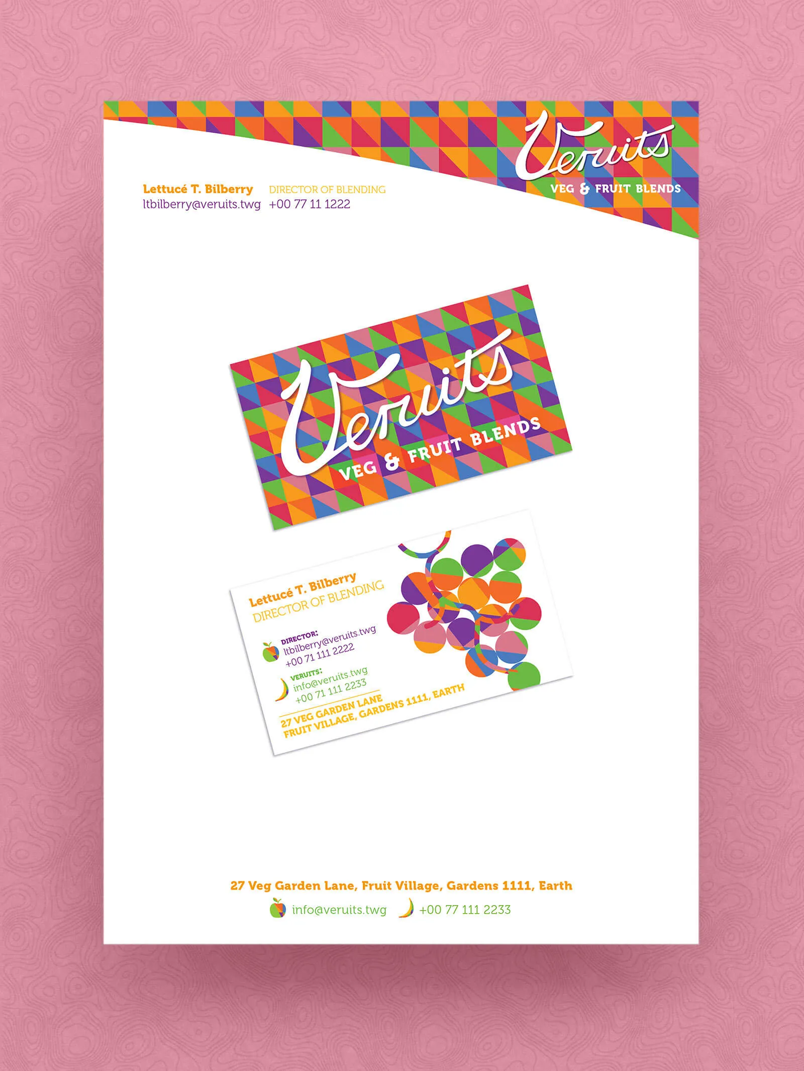 The Veruits letterhead with both business cards laid on it. A band of the triangle pattern runs across the head of the sheet, cut away on a diagonal; contact details sit in the white below, and the address runs across the foot in orange and green.
