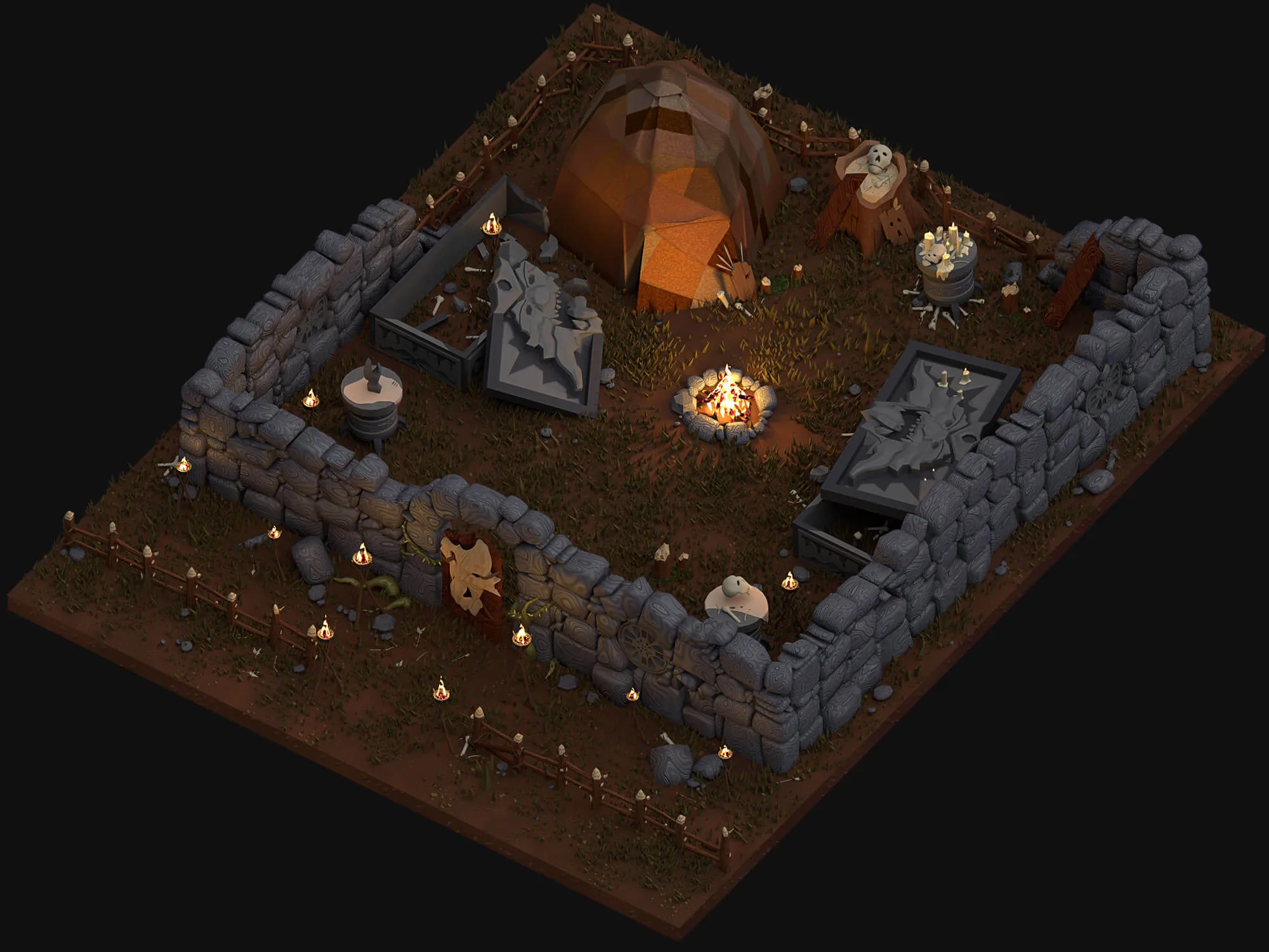 An isometric 3D diorama on black. A rectangular plot of packed earth and grass is enclosed by low walls of pale grey stone with carved swirls, with a wooden stake fence beyond them. Inside stand an orange hide tent, a stone sarcophagus with its heavy carved lid slid aside, a second open tomb, a lit campfire in a ring of stones, a candle-covered plinth stacked with skulls and bones, and a skull mask mounted on a red painted board.
