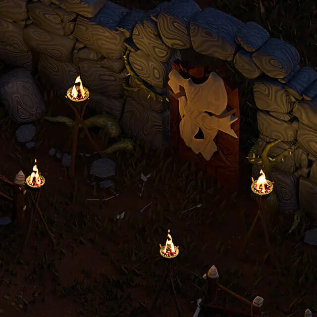A close view of the gateway. A stone arch built from pale carved blocks frames a red-painted panel carrying a large bone-white skull emblem, with thorny vines growing over the stone and four torches on wooden tripods lighting the ground in front of it.