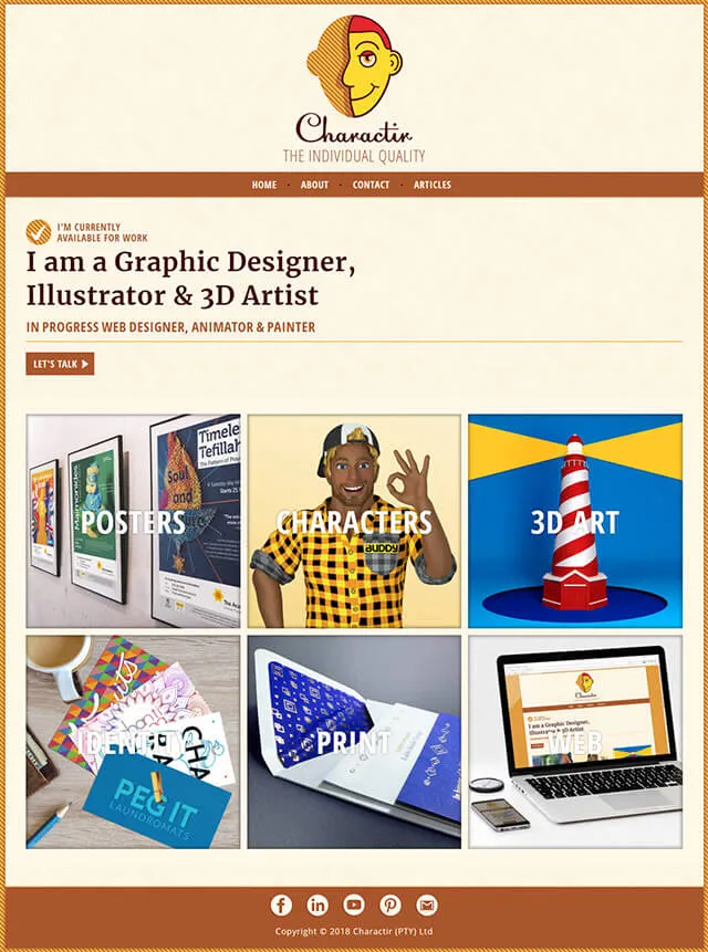The full home page. A cream header carries the face mark and a brown nav bar; below it six category tiles in a two-by-three grid (Posters, Characters, 3D Art, Identity, Print, Web), each a photograph with the label set across it.